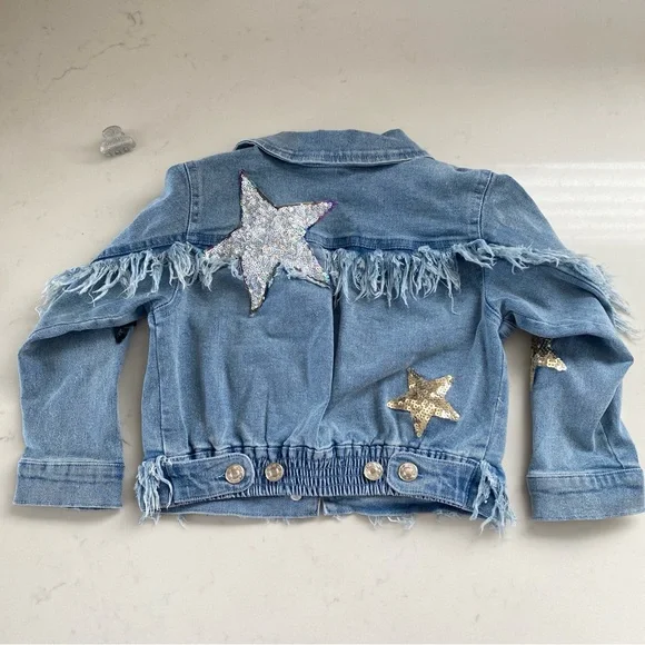 Baby Sara Toddler Jean Jacket Sequins Black, Gold & Silver Stars Size 2T - Picture 4 of 11